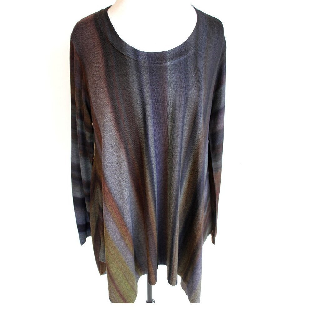 Soft Surroundings Shark Bite Hem Flowy Grey Purple Striped Long Sleeve Tunic Top - Picture 2 of 14